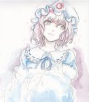 1girl dole japanese_clothes kimono lips looking_to_the_side mob_cap neck_ribbon partially_colored pink_eyes pink_hair ribbon saigyouji_yuyuko short_hair sketch smile solo touhou traditional_media triangular_headpiece unfinished upper_body white_background 