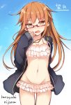  1girl artist_name bikini bikini_skirt black_serafuku blush brown_eyes brown_hair character_name cowboy_shot frilled_bikini frills glasses haruyuki_(yukichasoba) kantai_collection long_hair looking_at_viewer mochizuki_(kantai_collection) mound_of_venus navel open_mouth red-framed_glasses school_uniform semi-rimless_glasses serafuku sleeves_past_wrists solo swimsuit swimsuit_under_clothes tears under-rim_glasses 