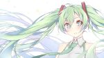  1girl ahoge blush fhang floating_hair green_eyes green_hair hatsune_miku highres long_hair necktie parted_lips solo twintails upper_body very_long_hair vocaloid 