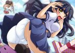 1girl black_hair box brown_eyes camera d.a from_below geoduck gift gift_box highres kantai_collection long_hair machinery open_mouth panties pantyshot solo turret underwear ushio_(kantai_collection) wavy_mouth white_panties 