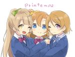  3girls blue_eyes blush brown_eyes brown_hair koizumi_hanayo kousaka_honoka long_hair love_live!_school_idol_project minami_kotori orange_hair purple_eyes seifuku short_hair side_ponytail 