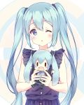  1girl :d alc_(ex2_lv) aqua_eyes aqua_hair blush character_doll doll dot_nose frilled_sleeves frills hair_ribbon hatsune_miku holding long_hair looking_at_viewer open_mouth ribbon short_sleeves smile solo twintails upper_body very_long_hair vocaloid wink ||_|| 