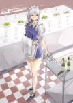  1girl apron bare_legs braid cart checkered checkered_floor cup dole flower folded_napkin frills full_body grey_hair izayoi_sakuya maid_apron maid_headdress neck_ribbon red_eyes ribbon shoes short_hair smile solo standing table tablecloth touhou twin_braids wine_bottle wine_glass 