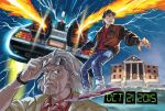  2boys back_to_the_future blue_eyes brown_hair building commentary_request dated delorean denim electricity emmett_brown fire grey_hair highres hover_board jacket jeans looking_at_viewer marty_mcfly mujun_kamen multiple_boys pants school 