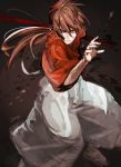  1boy absurdres fighting_stance hakama highres himura_kenshin japanese_clothes katana long_hair male_focus marupaka_(niwakamarupaka) orange_hair ponytail red_eyes rurouni_kenshin scar solo sword weapon 