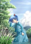  1girl absurdres blue_eyes blue_hair blue_sky clouds hair_bobbles hair_ornament hex_(tanhexun) highres house in_water kawashiro_nitori key lake long_sleeves looking_at_viewer shirt short_hair skirt skirt_set sky swimsuit swimsuit_under_clothes touhou tree twintails water 