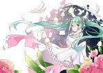  1girl bird dress floating_hair flower gloves green_eyes green_hair hair_flower hair_ornament hatsune_miku hnanati long_hair looking_at_viewer rose solo twintails very_long_hair vocaloid 