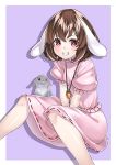  1girl animal_ears blush brown_hair carrot_necklace dress inaba_tewi kyon_(fuuran) looking_at_viewer rabbit rabbit_ears red_eyes short_hair simple_background smile solo touhou 
