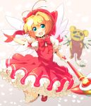  1girl blue_eyes brown_hair cardcaptor_sakura dress frills fuuin_no_tsue gloves hat kero kinomoto_sakura magical_girl short_hair solo staff sw wings 