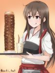  &gt;:) 1girl akagi_(kantai_collection) anti_(untea9) breasts brown_eyes brown_hair cheese cup food gradient gradient_background hakama_skirt hamburger highres holding kantai_collection licking_lips long_hair looking_at_another milkshake muneate orange_background pleated_skirt skirt smile solo straw tasuki tray twitter_username upper_body 