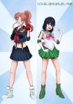  2girls bishoujo_senshi_sailor_moon brown_hair crossover elbow_gloves gloves green_eyes highres kill_la_kill kino_makoto koshimizu_ami magical_girl matoi_ryuuko multiple_girls sailor_jupiter sailor_senshi seiyuu_connection senketsu 