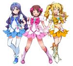  3girls amami_haruka black_hair blonde_hair blue_eyes blue_skirt blush brown_eyes brown_hair choker cosplay cure_blossom cure_blossom_(cosplay) cure_marine cure_marine_(cosplay) cure_sunshine cure_sunshine_(cosplay) heartcatch_precure! hoshii_miki idolmaster kisaragi_chihaya long_hair magical_girl midriff multiple_girls navel one_eye_closed precure shift_(0808) short_hair skirt thigh-highs twintails wrist_cuffs 