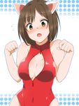  1girl animal_ears blush breasts brown_hair cat_ears cleavage fang front_zipper_swimsuit green_eyes highres idolmaster idolmaster_cinderella_girls large_breasts maekawa_miku one-piece_swimsuit open_mouth paw_pose short_hair solo swimsuit unzipped yue_(show-ei) 