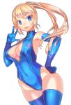  1girl blonde_hair blue_eyes blue_gloves blue_legwear blush breasts cleavage cleavage_cutout elbow_gloves front_zipper_swimsuit gloves large_breasts long_hair looking_at_viewer metroid one-piece_swimsuit open_mouth ponytail samus_aran simple_background smile solo swimsuit thigh-highs unzipped v white_background yukimura_tsubame zero_suit zipper 