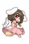  1girl animal_ears barefoot blush brown_hair bunny_tail carrot chibi dress full_body holding inaba_tewi jewelry kine looking_at_viewer open_mouth outline pendant pink_dress puffy_short_sleeves puffy_sleeves rabbit rabbit_ears red_eyes ribbon-trimmed_clothes ribbon_trim short_sleeves shou_moeboshi solo tail touhou 