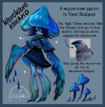  1girl bird bird_wings black_skirt blue_headwear blush character_name commentary educational english_commentary english_text feathers feefal gradient_skin highres mushroom mushroom_girl mushroom_hat original personification short_hair signature simple_background skirt spiky_hair wings 