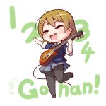  1girl :d black_legwear brown_hair chibi closed_eyes guitar hair_ornament hairpin instrument koizumi_hanayo langbazi love_live!_school_idol_project number open_mouth pantyhose pleated_skirt plectrum romaji school_uniform short_hair signature simple_background skirt sleeves_rolled_up smile solo standing_on_one_leg white_background 