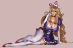  1girl arm_support blonde_hair bow breasts choker cleavage dress eu03 garter_straps gloves hat large_breasts long_hair looking_at_viewer ribbon simple_background smile solo thigh-highs touhou white_gloves white_legwear yakumo_yukari 