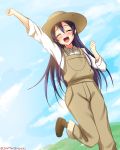  1girl alternate_costume arm_up blue_hair closed_eyes farm farmer hat highres love_live!_school_idol_project overalls sonoda_umi standing_on_one_leg straw_hat yu-ta 