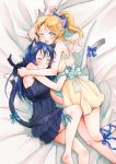  2girls :&lt; animal_ears arm_ribbon ayase_eli bare_shoulders barefoot bed_sheet blonde_hair blue_bow blue_eyes blue_ribbon blush bow cat_ears cat_tail closed_eyes fang from_above hair_bow highres kemonomimi_mode leg_garter lilylion26 long_hair love_live!_school_idol_project multiple_girls on_bed one_eye_closed open_mouth ponytail scratches scratching sleeveless sonoda_umi tail tail_bow 