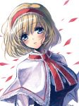  1girl alice_margatroid artist_name blonde_hair blue_dress blue_eyes blush breasts capelet dress hairband highres long_sleeves looking_down looking_to_the_side mii@chiffonx parted_lips petals portrait short_hair simple_background solo teeth touhou upper_body white_background wind 