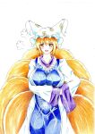  1girl absurdres blonde_hair blush breast_hold breasts collarbone curvy dress fox_tail hand_on_hip hat highres hips large_breasts long_sleeves mound_of_venus multiple_tails neck open_mouth short_hair simple_background solo tabard tail teeth tongue touhou traditional_media watercolor_pencil_(medium) white_background white_dress wide_sleeves yakumo_ran 