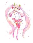  1girl alternate_color boots cherry cherry_blossoms detached_sleeves food fruit hair_ornament hatsune_miku long_hair necktie petals pink pink_eyes pink_hair sakura_miku skirt smile solo spring tagme thigh-highs twintails ume_(plumblossom) very_long_hair vocaloid 