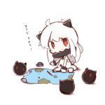  1girl :3 ahoge blush_stickers chibi highres horns i-class_destroyer kantai_collection map monster northern_ocean_hime nuu_(nu-nyu) pale_skin pointing red_eyes shinkaisei-kan sitting sketch solo white_hair 