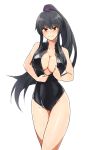  1girl black_hair front_zipper_swimsuit highres kantai_collection long_hair one-piece_swimsuit open_fly ponytail red_eyes swimsuit tebukuro_withana unzipped yahagi_(kantai_collection) 