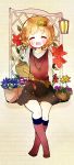  1girl :d belt brown_hair closed_eyes flower flower_pot hair_flower hair_ornament highres jewelry kneehighs lamp looking_at_viewer necklace open_mouth original sitting skirt smile solo sparkle stone_wall tsukiyo_(skymint) vines wall watering_can windowsill wooden_lantern 