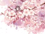  black_hair blue_eyes boots cherry_blossoms flower in_tree japanese_clothes long_hair minigirl original petals smile tree 