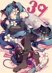  1girl 39 blue_hair cable character_name closed_eyes edward-el flower hair_flower hair_ornament hatsune_miku headphones_removed highres jack_plug long_hair lying no_shoes on_side sheet_music smile solo thigh-highs twintails very_long_hair vocaloid 