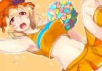  1girl aki_minoriko blonde_hair blush breasts cheerleader food fruit grapes hachi105 hat highres midriff navel open_mouth pom_poms red_eyes short_hair skirt smile solo touhou 