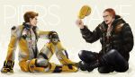  alternate_costume boots brown_hair coat crossed_legs grey_eyes hat jake_muller leopard_print piers_nivans racing_suit redhead resident_evil resident_evil_6 scar sitting sunglasses_around_neck tagme tan_background text yumi_(soak1111) 