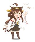  &gt;_&lt; 1girl ahoge animal_ears bare_shoulders blush brown_hair cat_ears detached_sleeves double_bun hairband headgear highres japanese_clothes kantai_collection kongou_(kantai_collection) kyounami long_hair nontraditional_miko open_mouth pleated_skirt skirt solo thigh-highs waving 