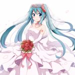  1girl aqua_eyes aqua_hair blush bouquet dress earrings elbow_gloves flower gloves hair_flower hair_ornament hatsune_miku jewelry long_hair looking_at_viewer musical_note smile snowmi solo tiara twintails veil very_long_hair vocaloid wedding_dress white_background white_dress white_gloves 