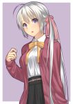  1girl ahoge ayachi_nene bangs belt blush buttons cardigan casual frame hair_ribbon highres long_hair long_sleeves looking_at_viewer mikazuchi_zeus neck_ribbon open_mouth purple_background ribbon sanoba_witch shirt side_ponytail simple_background skirt solo standing very_long_hair violet_eyes white_hair white_shirt 