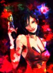  ada_wong black_hair breasts capcom choker cleavage dress green_eyes gun handgun hirodi multicolored_background red_dress resident_evil resident_evil_4 short_hair smile tagme weapon 