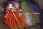  1girl bare_shoulders blonde_hair character_name circlet closed_eyes dress fire_emblem fire_emblem:_fuuin_no_tsurugi guinevere_(fire_emblem) jewelry long_hair long_sleeves multicolored_background outstretched_arms red_dress shoochiku_bai solo 