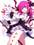  1girl aqua_eyes asymmetrical_horns claws detached_sleeves diamond_(shape) dress fate/extra fate/extra_ccc fate_(series) frills horns lancer_(fate/extra_ccc) long_hair open_mouth panties pink_hair pointy_ears red_nails smile solo striped striped_panties tail underwear yude 