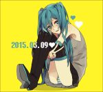 1girl 39 :d aqua_eyes aqua_hair aqua_nails dated detached_sleeves hatsune_miku heart high_heels kouga_228 leg_hug looking_at_viewer nail_polish open_mouth panties pantyshot simple_background sitting skirt smile solo striped striped_panties tattoo thigh-highs twintails underwear v vocaloid yellow_background 