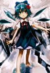  1girl anger_vein angry barefoot blue_dress blue_eyes blue_hair bow cirno dress fairy hair_bow hair_ornament ice ice_wings loalo puffy_sleeves short_hair short_sleeves solo touhou vest wings 