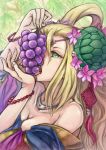  1girl bare_shoulders beads blonde_hair bracelet breasts circlet cleavage collarbone fingernails flower food fruit grapes green_eyes hair_flower hair_ornament hair_rings holding jewelry leaf licking long_hair meimei_(p&amp;d) necklace off_shoulder open_mouth puzzle_&amp;_dragons shouma_(bravespiritya) solo turtle_shell 