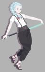  1girl aqua_hair braid cue_stick death_parade earrings grey_background highres jewelry light_smile long_hair looking_at_viewer nail_polish nona_(death_parade) simple_background solo 