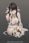  1girl absurdres animal_ears black_eyes black_hair bra breasts cleavage cow_ears cow_print cow_tail elbow_gloves gloves highres long_hair original panties rico_(game00985) smile solo tail thigh-highs twitter_username underwear watermark web_address white_bra white_panties 