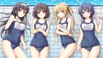  4girls black_hair blonde_hair blue_eyes blue_hair blush brown_hair collarbone covering covering_breasts green_eyes hairband highres hyoudou_michiru kasumigaoka_utaha katou_megumi long_hair looking_at_viewer multiple_girls nakamura_sumikage open_mouth saenai_heroine_no_sodatekata sawamura_spencer_eriri school_swimsuit short_hair smile swimsuit translation_request twintails violet_eyes water 