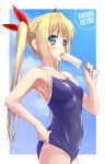  1girl alternate_hairstyle blonde_hair blue_eyes breasts character_name clouds highres kirisaki_chitoge long_hair looking_at_viewer mao_(6r) nisekoi one-piece_swimsuit popsicle sky solo swimsuit twintails 