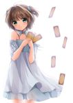  1girl brown_hair cardcaptor_sakura clow_card dress green_eyes kinomoto_sakura shima_(shima_je) short_hair smile solo 