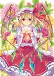  1girl 6u_(eternal_land) alternate_wings ascot blonde_hair bow cover cover_page crystal flandre_scarlet floral_background flower frills hat hat_bow looking_at_viewer mob_cap pink_rose ponytail puffy_sleeves red_eyes red_rose ribbon rose shirt short_hair short_sleeves side_ponytail skirt skirt_set solo text touhou vest wings yellow_rose 