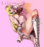  1girl blonde_hair blue_eyes boots breasts character_name checkered_necktie cross-laced_footwear dress fighting_stance fingerless_gloves frilled_dress frills gloves hio_(hiomemo) knee_boots kneehighs lace-up_boots leg_lift lili_(tekken) long_hair necktie panties pantyshot pink_background pinky_out solo standing_on_one_leg tekken underwear 